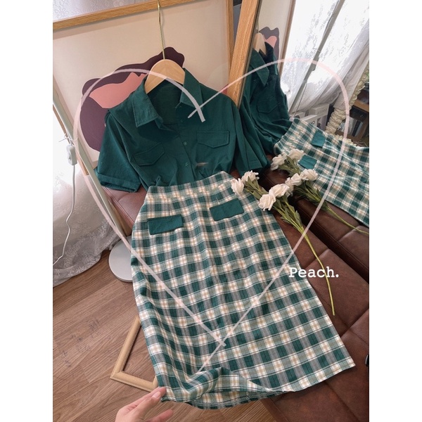 SET ÁO SƠ MI XANH+ CHÂN VÁY CARO MIDI