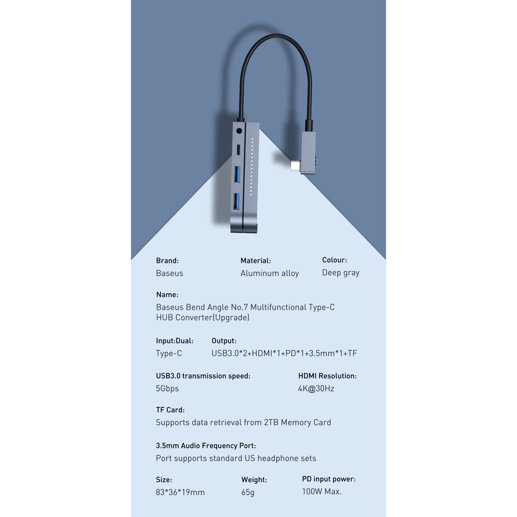 Hub chuyển 6 trong 1 Baseus Bend Angle No.7 dùng cho iPad Pro 2018 11/12.9 inches (Type C to USB3.0+ HDMI + SD/Micro SD)