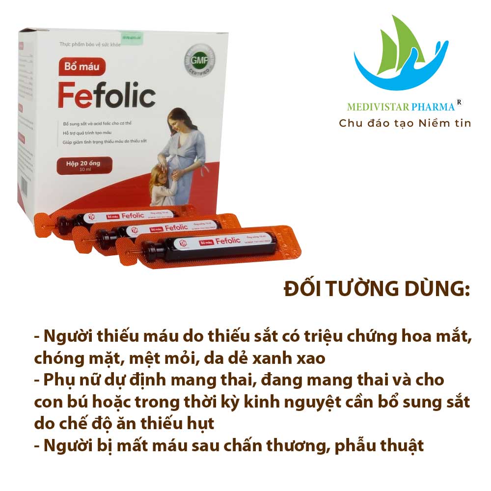 Siro Bổ Máu Fefolic MEDIVISTAR PHARMA Bổ Sung Sắt Và Acid Folic Dành Cho Bà Bầu, Phụ Nữ Đang Cho Con Bú Hộp 20 Ống x10ml