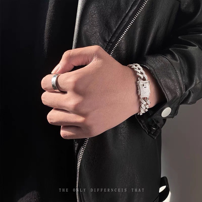 Vòng tay đính đá lấp lánh Cuban Chain Nam Nữ titan không gỉ 18cm Kèm Hộp