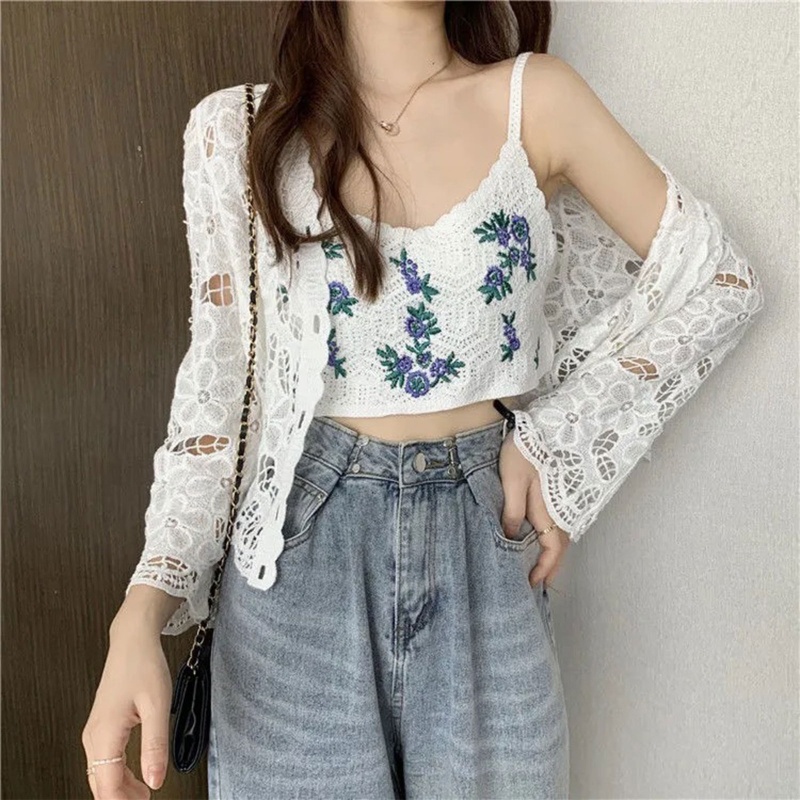 Áo Khoác Cardigan Chống Nắng Tay Dài Dáng Rộng Thêu Hoa Phối Ren Lỗ Cài Nút Thời Trang Cho Nữ