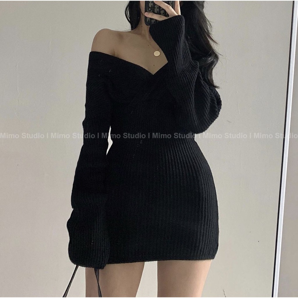 -  Quà tặng sinh nhật,bạn gái,cho nữ,tết Đầm len tăm ngắn trễ vai tay dài