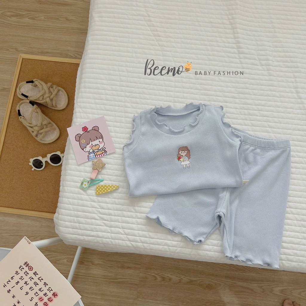 Bộ thun tăm ba lỗ cho bé gái, bộ sát nách bánh bèo xinh xắn Beemo