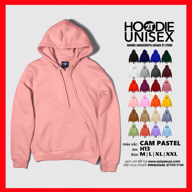 Áo hoodie unisex 2T Store H13 Cam Pastel - Áo khoác nỉ bông chui đầu nón 2 lớp dày dặn chất lượng đẹp