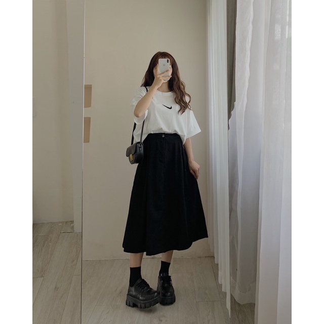 Chân váy nhung tăm xếp li dáng dài vintage, Chân váy midi lưng cao phong cách Hàn Quốc dễ phối đồ