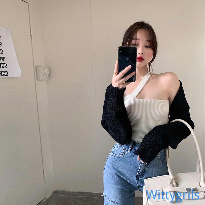 Wittygirls_shop | Áo hai dây dệt kim màu trơn quyến rũ thời trang cho nữ