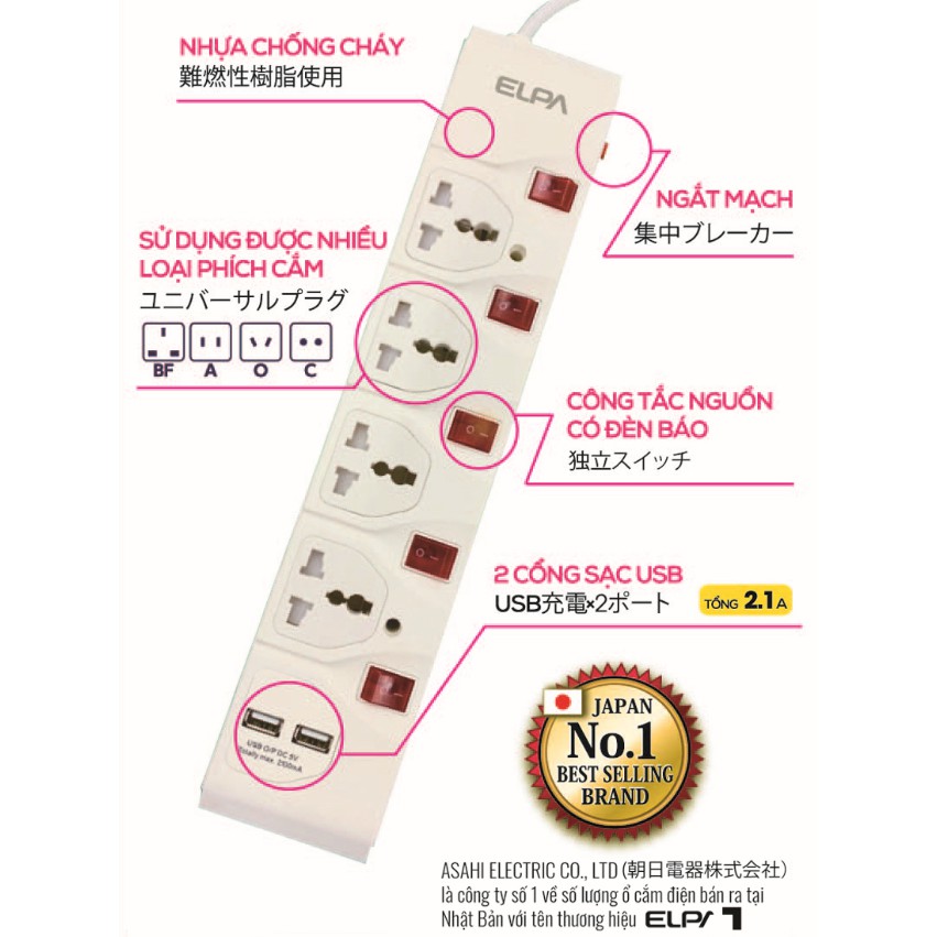 Ổ cắm Nhật 4 ổ điện, 2 USB, dây 3m, 5 công tắc ELPA ESU-VNI43 chính hãng- Hàng phân phối chính thức