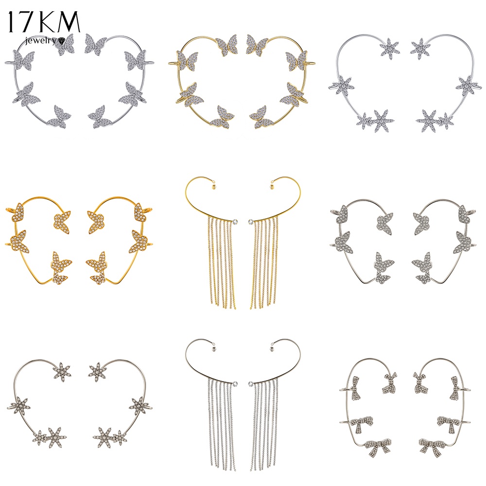 Bông tai dạng kẹp 17KM mặt hình bướm hoa đính đá ngọc trai tua rua thanh lịch cho nữ