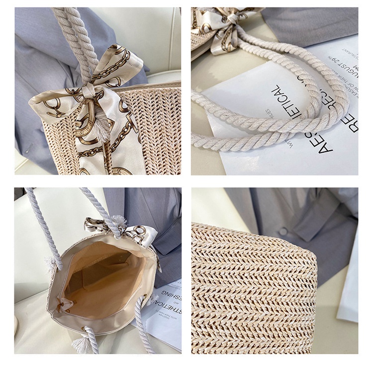 Túi Cói Đi Biển Dáng Vuông Lớn Quai Thừng Phối Dây Vải RQN2060