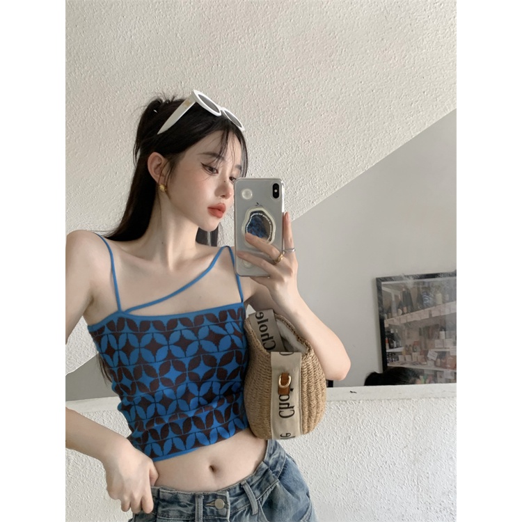 Áo Croptop Dệt Kim Màu Xanh Tương Phản Phong Cách Hàn Quốc