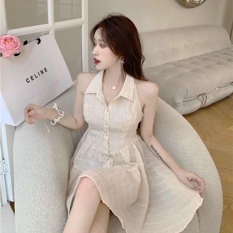 Váy Xòe Hở Vai Có Cổ Phối Dây Thắt Nơ Phía Sau Dễ Thương