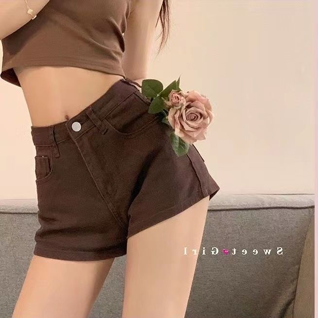 Jiashucheng Quần Short Denim Ôm Dáng Vừa Vặn Cao Màu Nâu Ngọt Ngào Dễ Phối Đồ Mùa Hè Cho Nữ
