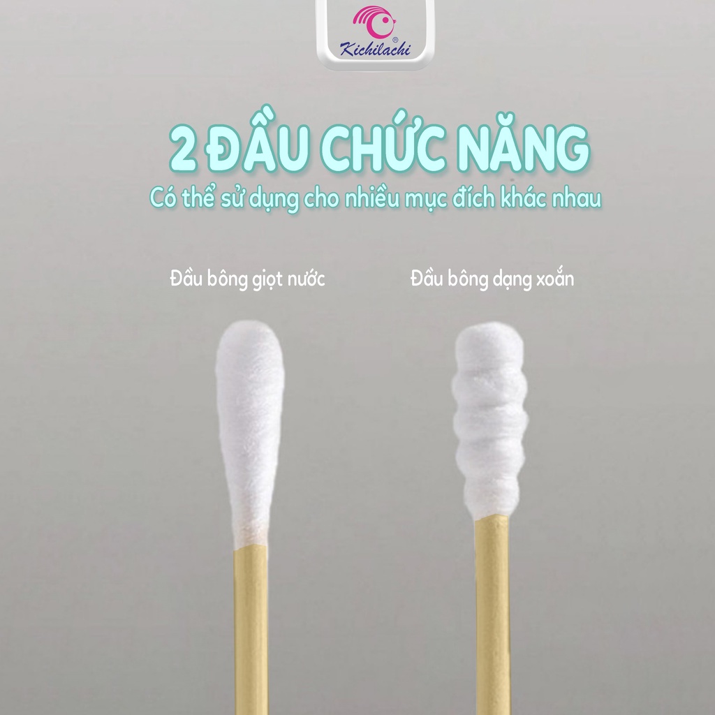 Tăm Bông Gói Kichi 100pcs Que Gỗ 100% Cotton Cao Cấp Người Lớn