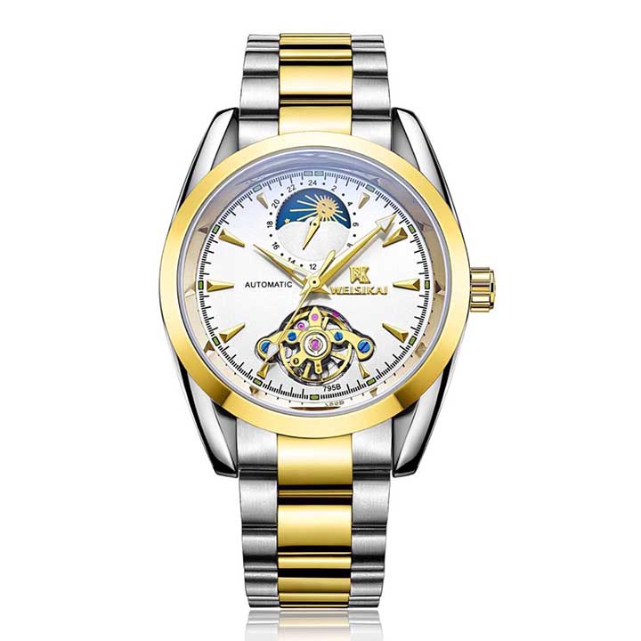 Đồng Hồ Cơ Nam Dây Thép Đặc QUAY FULL KIM Weisikai BH 1 ĐỔI 1