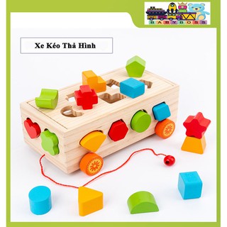 [ Tặng Kèm Tranh Ghép] Đồ Chơi Gỗ Xe Kéo Thả Hình Kèm Số, Đồ Chơi Vận Động Thả Hình Kèm Đàn Gõ, Xe Kéo Thả Hình 17 Khối