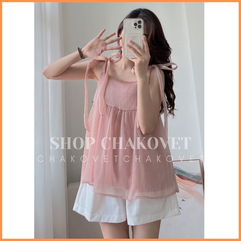 Set áo babydoll tiểu thư S8359 Bộ đồ nữ mặc đi chơi du lịch, kiểu áo 2 dây buộc nơ vai cách điệu kèm quần sooc ulzzang