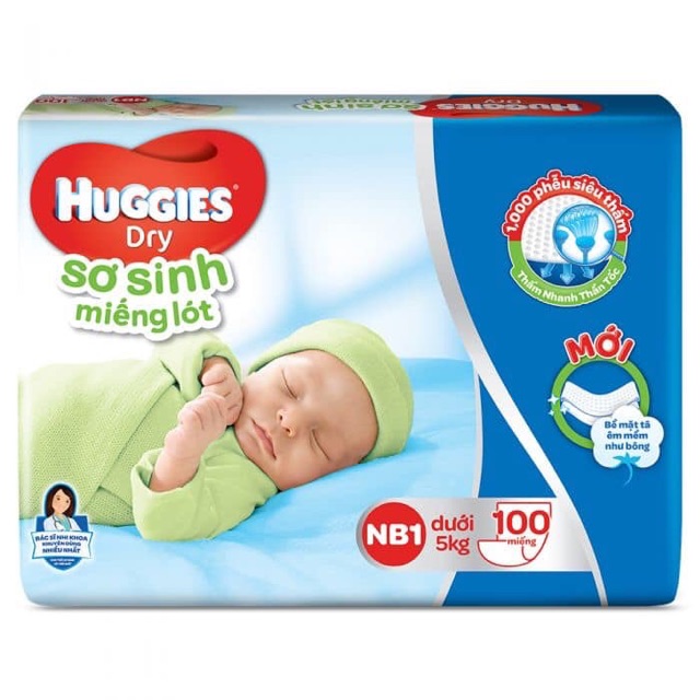 MIẾNG LÓT SƠ SINH HUGGIES DRY NB1-56 miếng/ NB1-100 miếng