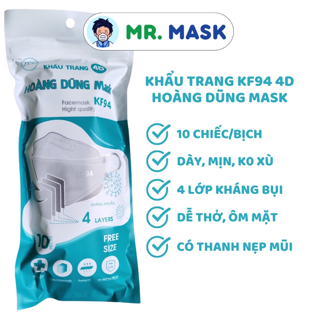 Khẩu Trang Y Tế 4D KF94 Hoàng Dũng Mask, 4 Lớp Kháng Khuẩn, Sản Xuất Theo Công Nghệ Hàn Quốc, 10 Chiếc/Túi