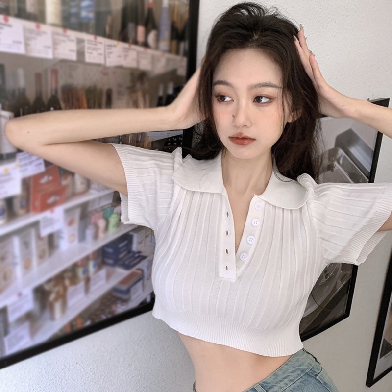 Áo Croptop Dệt Kim Tay Ngắn Màu Sắc Đơn Giản Phong Cách Hàn Quốc Cho Nữ