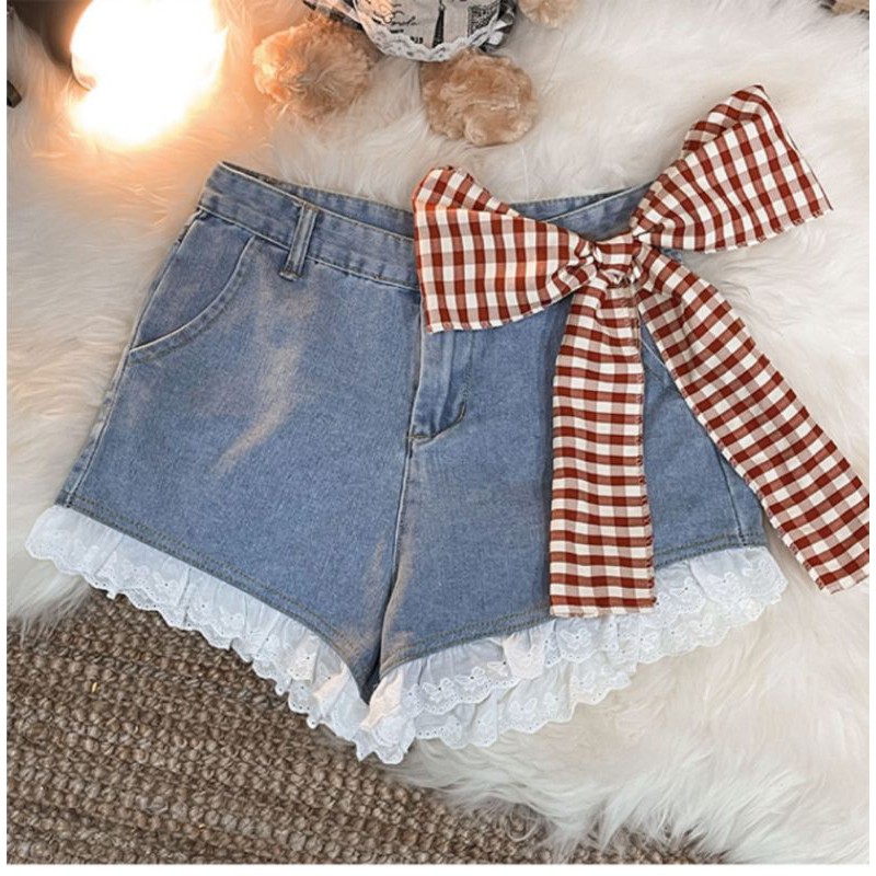 [Order] (I2) Quần short jeans Lolita phối ren thắt nơ đỏ loại đẹp