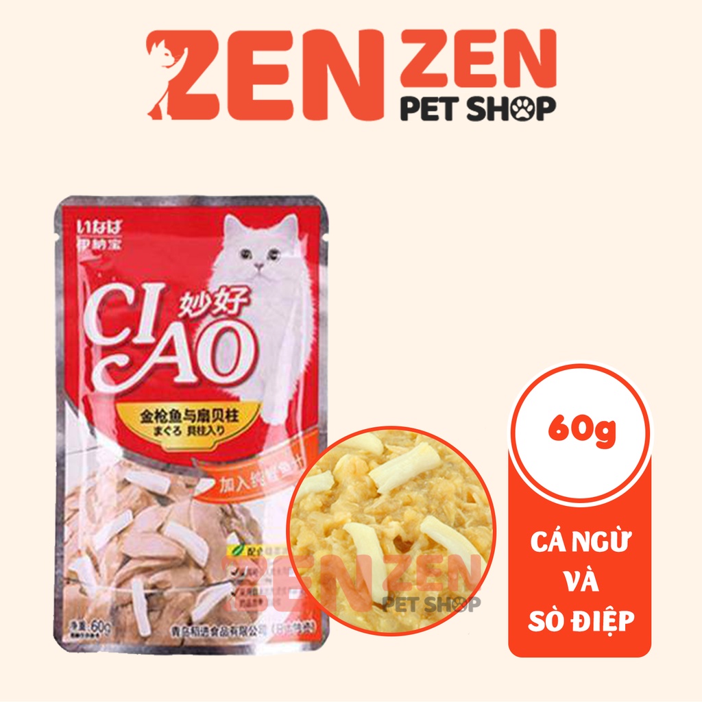 Pate Ciao 60g cho mèo nhiều vị Cua, Sò, Gà, Cá Hồi, Cá Cơm