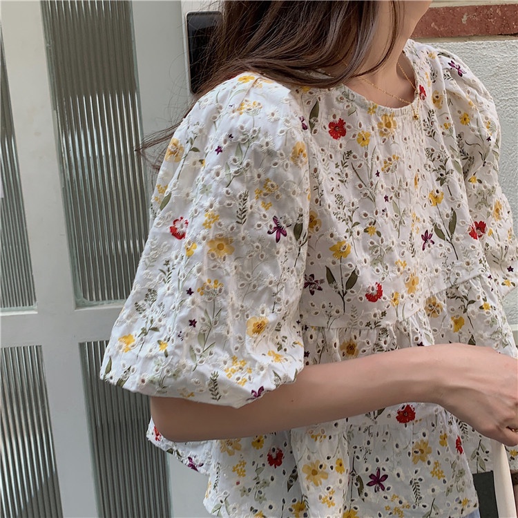 Hàng Mới Về Áo Sơ Mi Tay Ngắn Phồng Thêu Hoa Dáng Rộng Phong Cách Hàn Quốc Cho Nữ Hàng Có Sẵn
