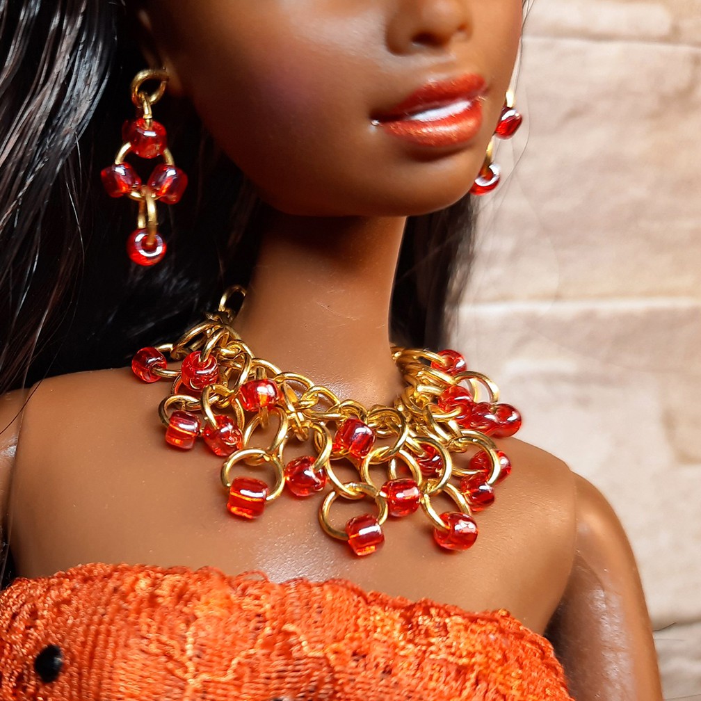 Phụ kiện Búp bê: Vòng cổ, bông tai Búp bê Barbie Handmade Xích, cườm đỏ và khoen mạ vàng Bộ Trang sức mini tự làm