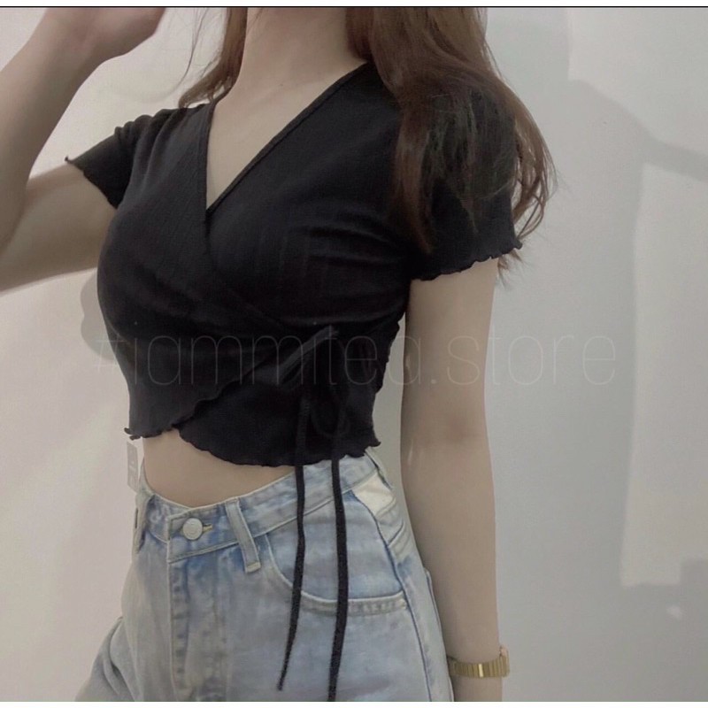 áo kiểu đắp chéo cột dây viền xoắn thun gân dáng crop top xinh xinh