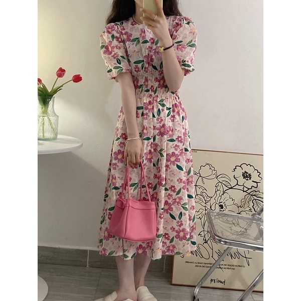 Đầm hoa nhí dáng dài, Váy maxi hoa cổ tròn chun eo phong cách vintage Linzstore