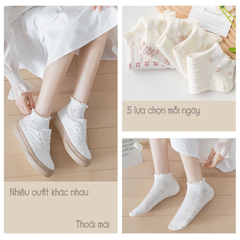 Tất nữ cổ ngắn bèo nhún màu trắng điểm họa tiết phong cách hàn quốc xinh xắn đáng yêu chất liệu co dãn thấm hút mồ hôi