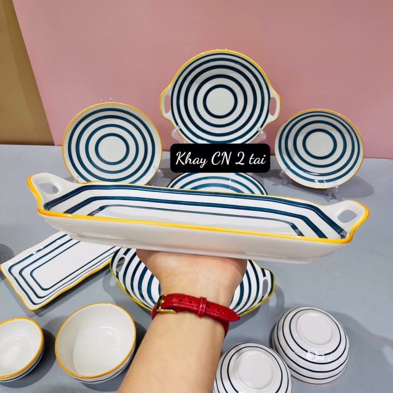 Bộ bát đĩa gốm sứ decor bộ Nhật kẻ siêu đẹp
