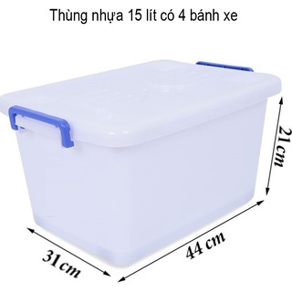 thùng nhựa đựng đồ có nắp khóa cài, 2 quai xách, có 4 bánh xe 15 lít, 44 x 31cm cao 21 cm. H749