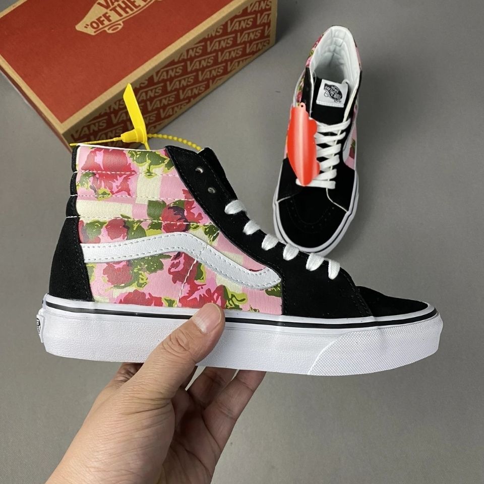 VANS Giày Thể Thao Canvas Cổ Cao Thêu Hoa Hồng Thời Trang Cho Cặp Đôi