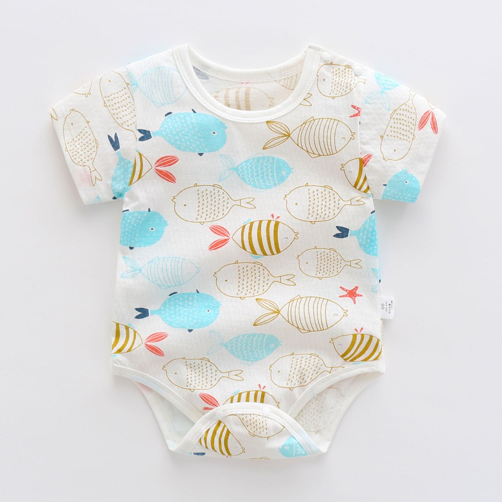 Bộ Áo Liền Quần Cotton Tay Ngắn In Họa Tiết Hoạt Hình Thời Trang Mùa Hè Cho Bé Sơ Sinh