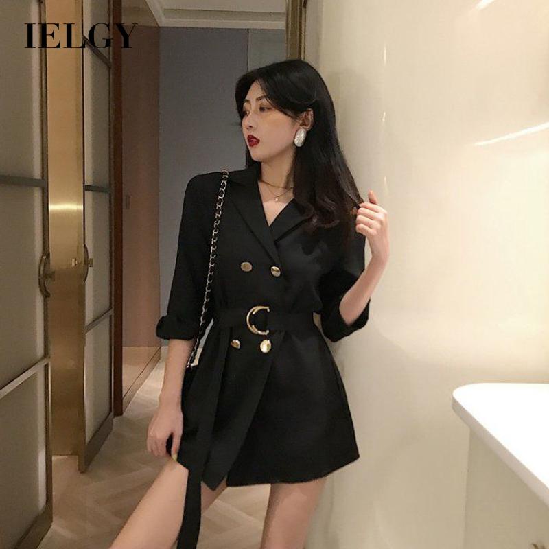 IELGY   Áo Khoác blazer Dáng Rộng Hai Hàng Nút Buộc Eo Thời Trang Cho Bạn Gái