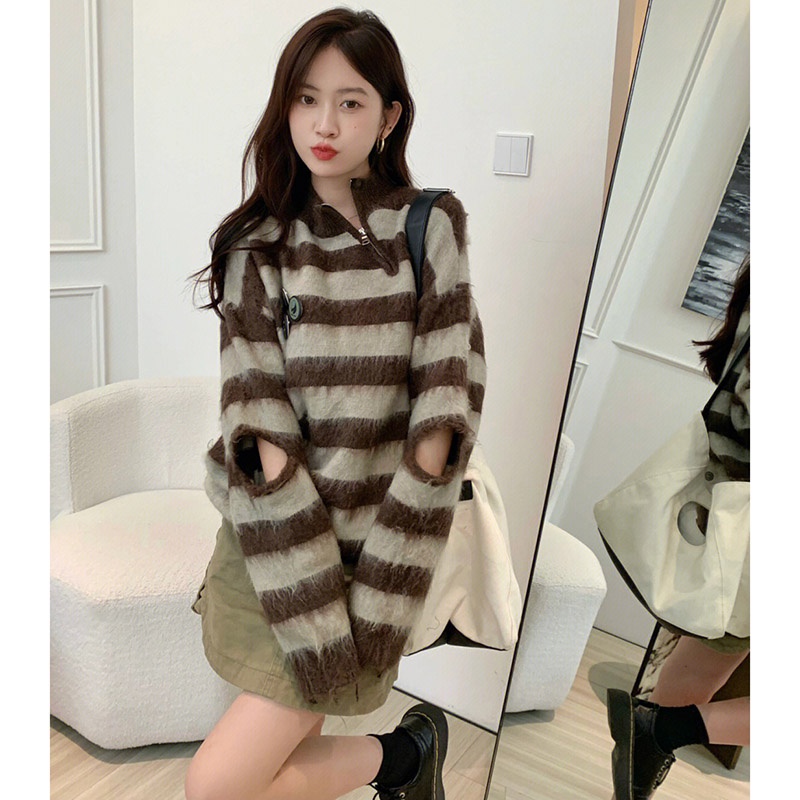 Áo Sweater Dệt Kim Kẻ Sọc Ngang Phong Cách Hàn Quốc Ngọt Ngào Cho Nữ