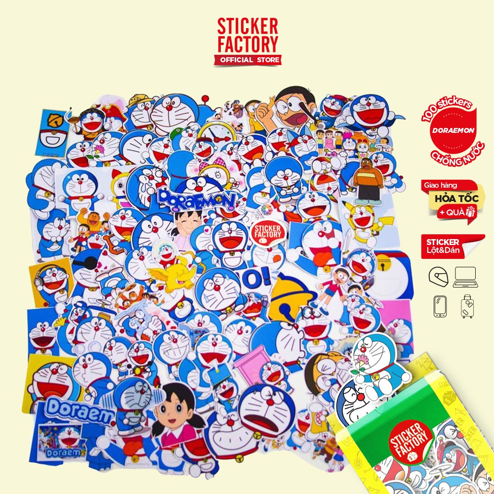 Doraemon - hộp set 100 sticker decal hình dán dễ thương, trang trí nón bảo hiểm , laptop, xe máy, ô tô - STICKER FACTORY