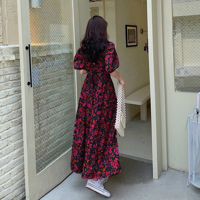 Đầm maxi tay ngắn cổ vuông xoè phồng lụa hoa TRIPBLE T DRESS -MS31MT