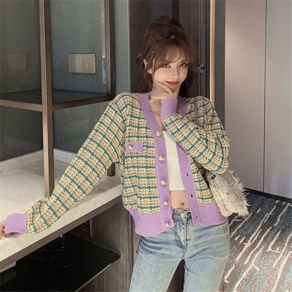 Áo khoác len cardigan họa tiết sọc caro phong cách Hàn Quốc thời trang cho nữ