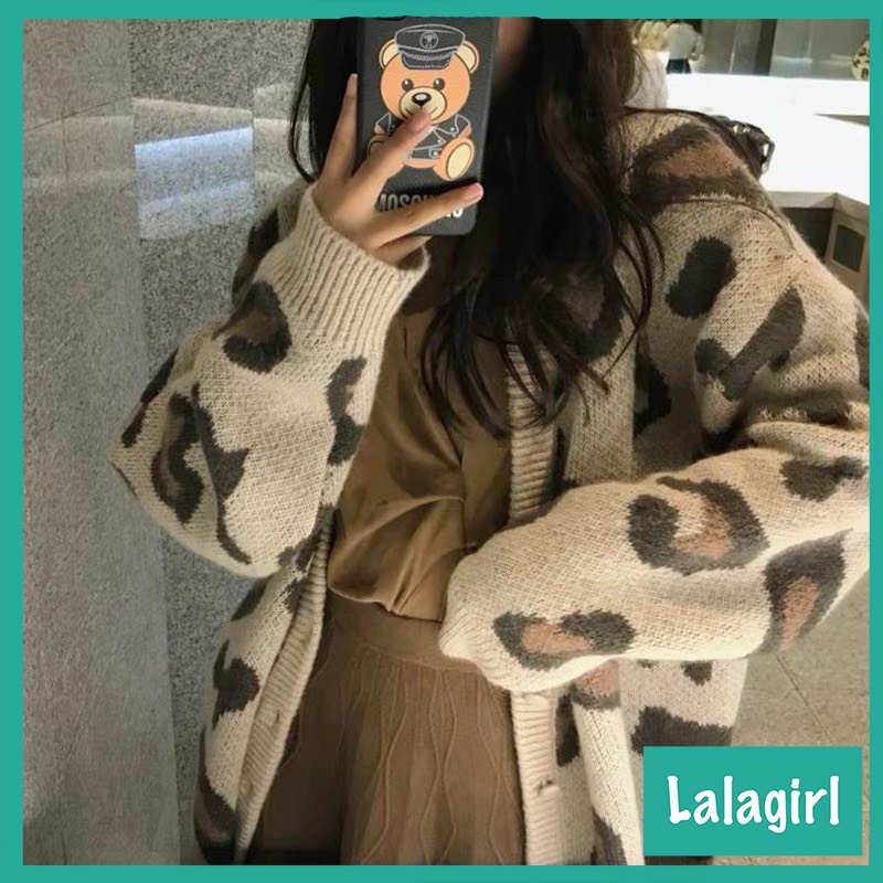 Áo khoác cadigan len họa tiết da báo dáng dài