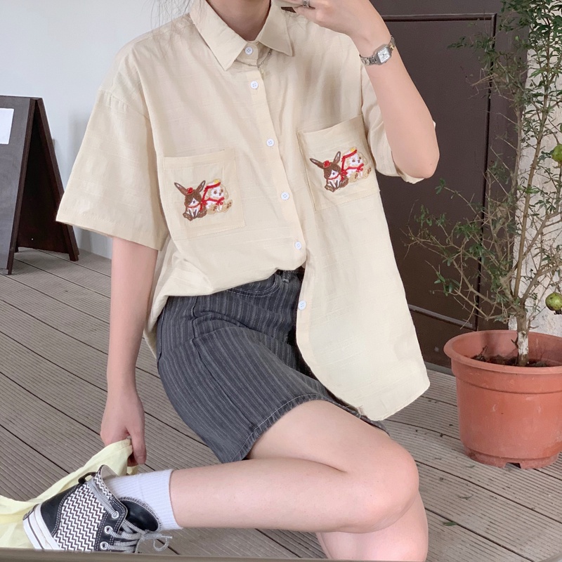 Áo sơ mi tay ngắn dáng rộng phong cách retro Pháp