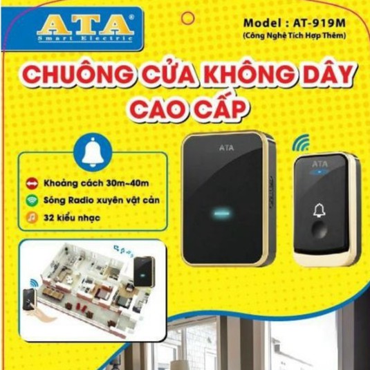 Chuông cửa không dây ATA AT919M-Màu đen sang trọng,cao cấp Hàng chính hãng bảo hành 12 tháng