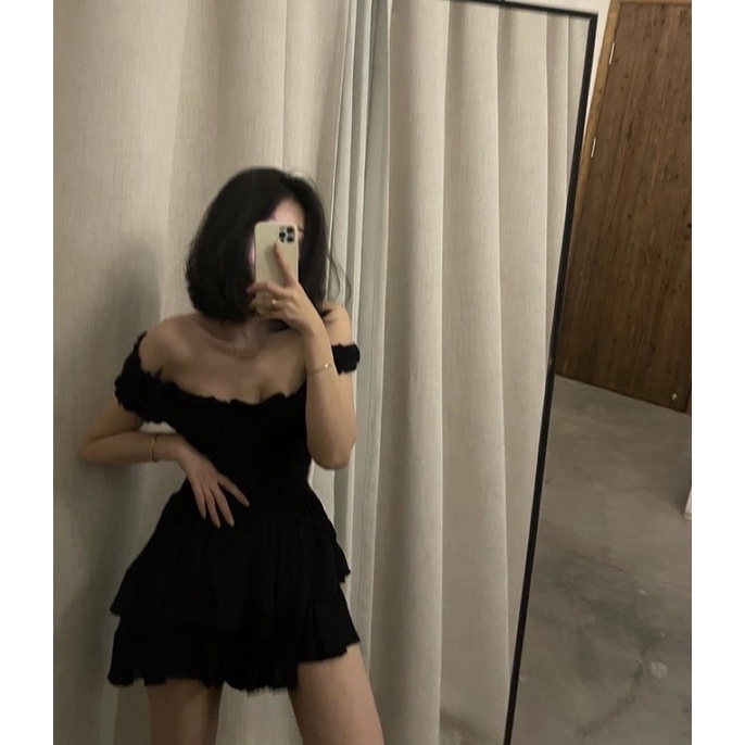 MYUNG - Đầm trễ vai 2 tầng vải voan thêu hạt nổi eo nhún - PHOEBE DRESS