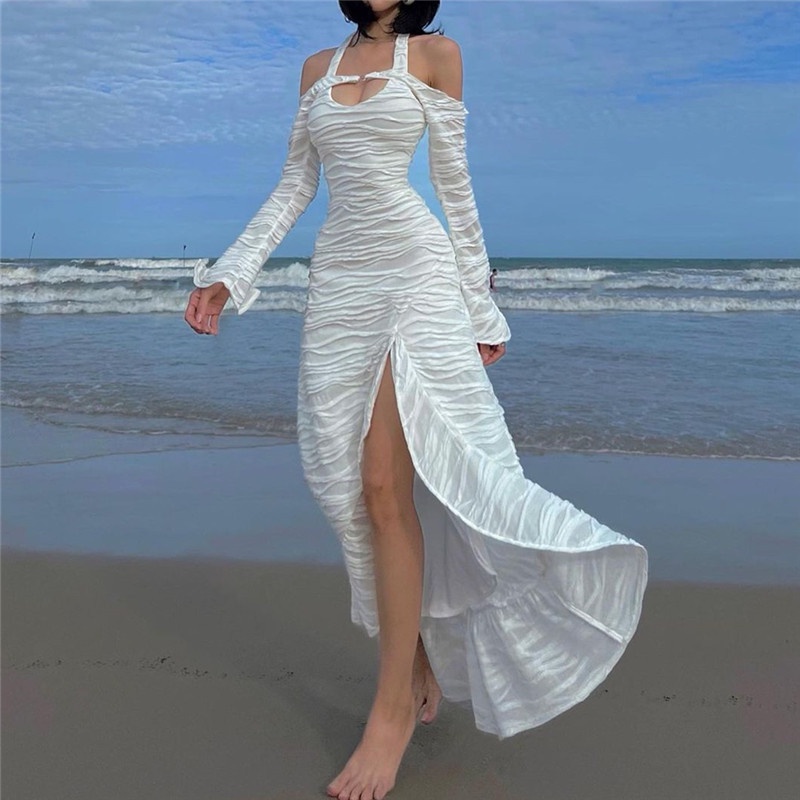 Đầm trắng cổ yếm dài tay phối xếp ly thời trang thường ngày cho nữ C318