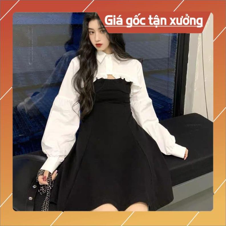 [Hàng Chất Lượng] Set Khoác Sơ Mi Lửng + Váy Xoè 2 Dây (Trắng-Đen) | BigBuy360 - bigbuy360.vn