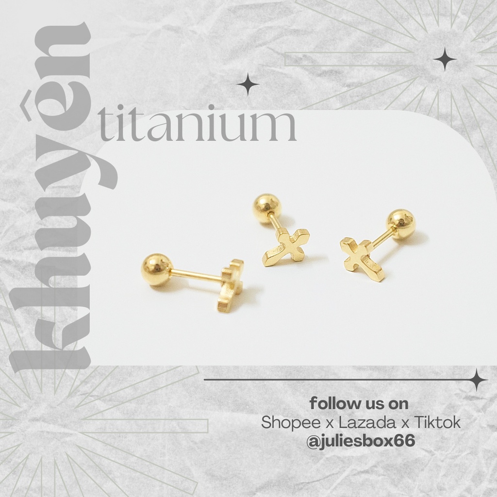 [1 Chiếc] Khuyên Tai Titan Unisex Thánh Giá Màu Vàng Đuôi Bi Không Gỉ Sét Không Ngứa Bông Tai Julies Box 66