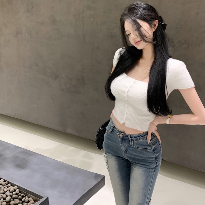 Áo Sweater Dệt Kim Tay Ngắn Cổ Vuông Dáng Ôm Thời Trang Trẻ Trung