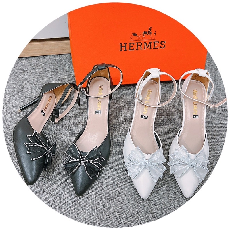 Bán Sỉ- Giày cao gót mũi nhọn gót nhọn nơ đá cánh tiên sang chảnh xinh xắn