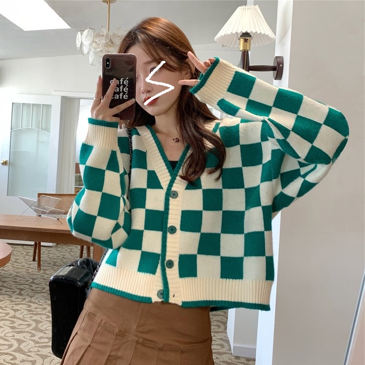 NUZIRO Áo khoác cardigan  dệt kim cổ chữ V dáng rộng họa tiết caro thời trang dành cho nữ