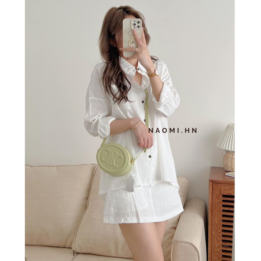 Set bộ đũi áo sơ mi dài tay kèm chân váy chữ A chun sau có quần bảo hộ. Set đồ nữ áo sơ mi cổ đức kèm váy nhiều màu